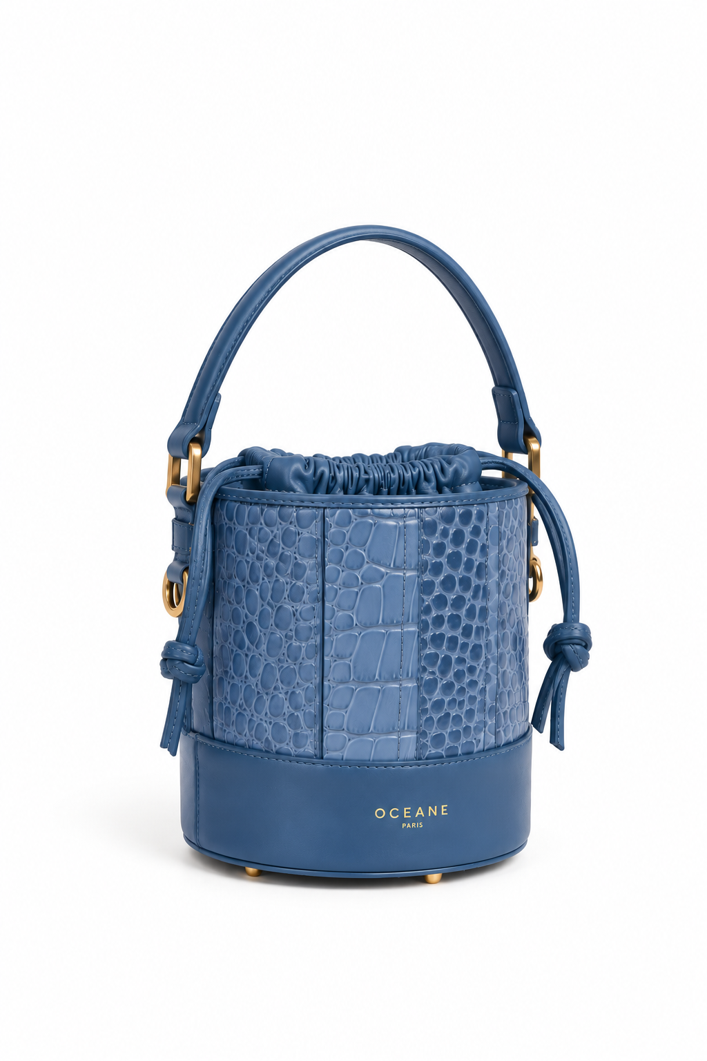 Borsa secchiello Grace di OCEANE PARIS in pelle blu effetto cocco, vista frontale con manico, chiusura a coulisse e logo dorato.